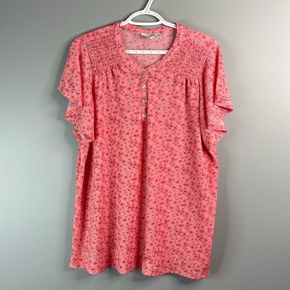 MY STYLE Floral Flutter Sleeve Top Coral Pink Smock Shoulders 1/4 Button 1X - Picture 12 of 12